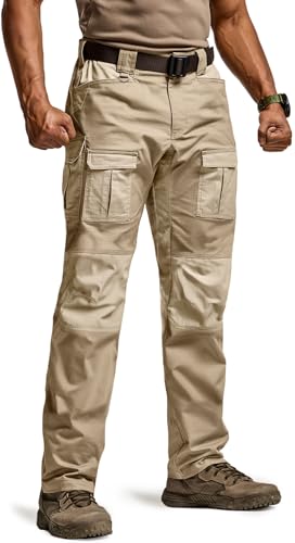CQR Men's Flex Ripstop Tactical Pants, Water Resistant Stretch Cargo Pants, Lightweight EDC Hiking Work Pants, Breacher Alamo Khaki, 36W/34L