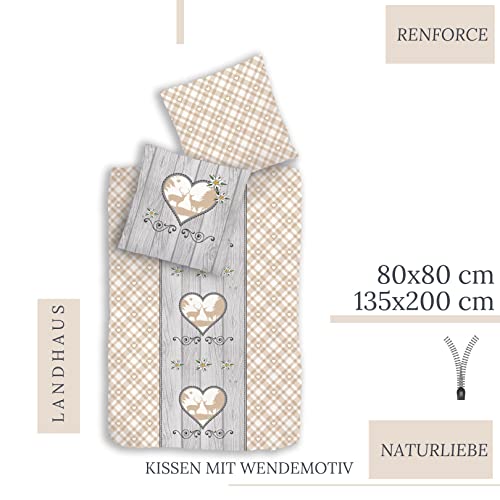 MTOnlinehandel TRAUMHELDEN Landhaus-Stil Bettwäsche 135x200 + 80x80 cm · Karo Hirsch Herz Holzoptik · 100% Baumwolle in Renforce · Vintage Bettwäsche-Set