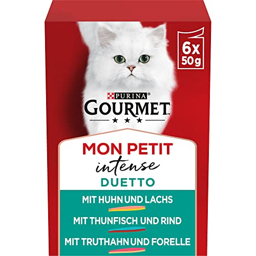 Gourmet Mon Petit Duetto Intense Katzenfutter nass, Sorten-Mix mit Fisch, 8er Pack (8 x 6 Beutel à 50g)