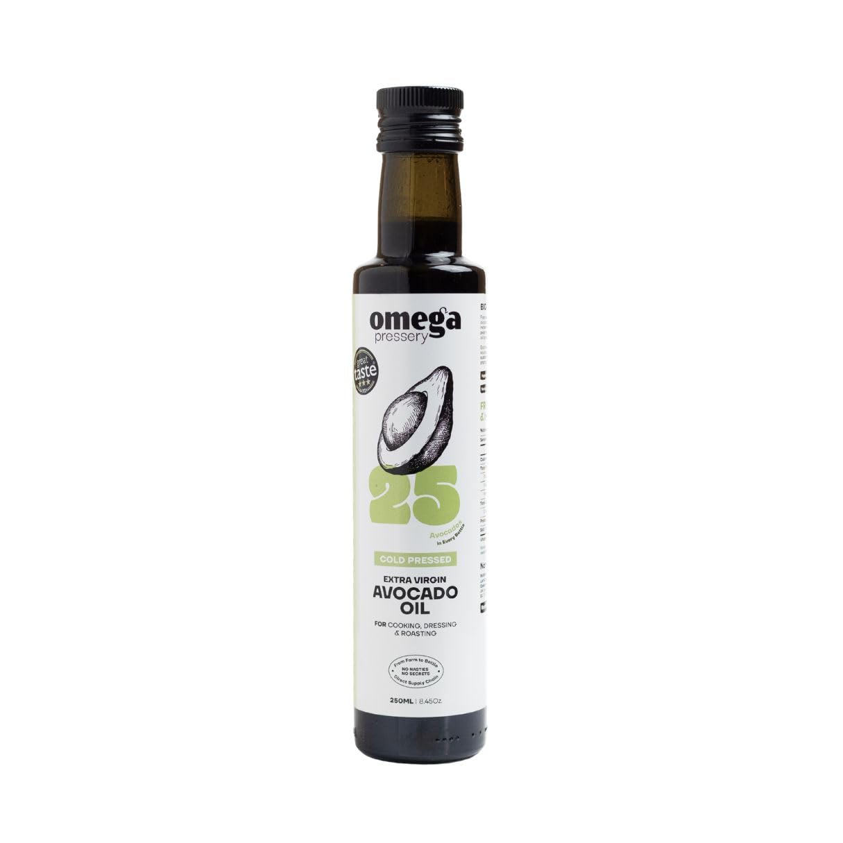 Omega Pressery Premium Extra Virgin Avocado Oil for Cooking - 250ml | Cold Pressed, Unrefined, Unblended | 100% Natural & Pure Cooking Oil | 3-star Great Taste Award