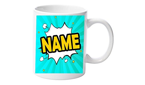 Miqat mugs Personalised Name Mug – Add Name Text Photo - Comic Style - Green (Blue)