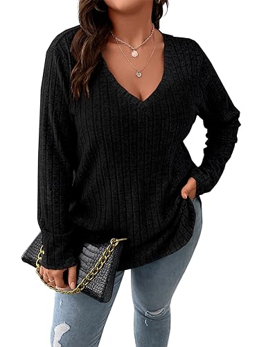 Image of Koscacy Women Plus Size Casual Knit Sweater V Neck Solid Color Tops Lightweight Long Sleeve Blouses