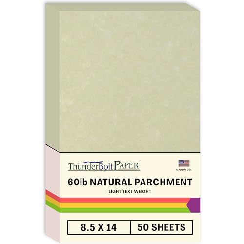 50 Natural Parchment 60# Text (=24# Bond) Paper Sheets - 8.5 X 14 inches Legal Size - 60 Pound is Not Card Weight - Vintage Colored Old Parchment Semblance by ThunderBolt Paper - Used condition - US$30.90