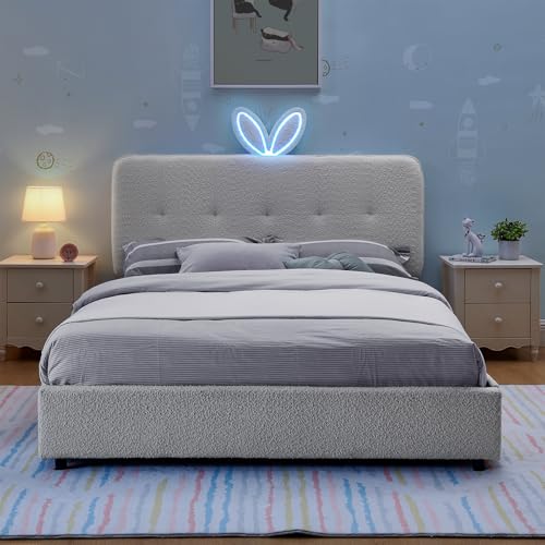 Image of Full Led Bed Frame with 4 Storage Drawer, Upholstered Platform Floor Bed with Rabbit Ear Headboard Daybed Strong Wooden Slats No Box Spring Needed for Kids Girls Boys, Beige