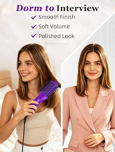 Image of Mini Travel Ceramic Blow Dryer Brush for Short to Medium Hair, 2 Inch Oval Styling Hot Air Brush with 3 Heat Settings, Lightweight Volumizing & Smoothing Tool, 120V, Purple