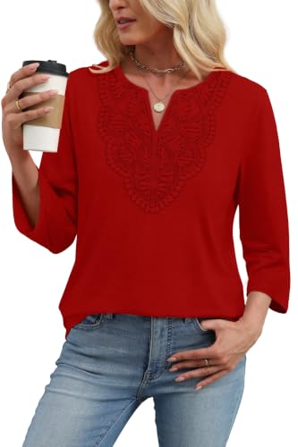 Image of WIHOLL 3 /4 Length Sleeve Womens Tops Boho V Neck Lace Shirt Trendy Blouses Dressy Casual Vacation Clothes S-3XL
