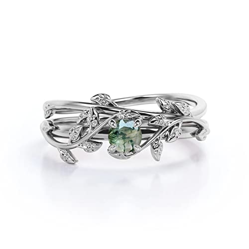 Natural Moss Agate Engagement Rings for Women White Gold/Rose Gold Moss Agate Wedding Rings Platinum Plated Silver 10K 14K 18K Gold Anniversary Promise Rings for Her with Free Engraving