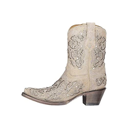 Image of CORRAL Women's Snip Toe Wedding Embroidered Glitter Inlay and Crystals Handcrafted Pull-On Leather Over-the-Ankle Cowboy /Cowgirl Boots