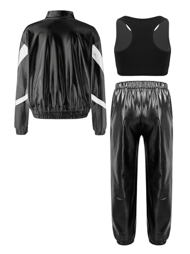 Jhaoyu Kids Girls Metallic Dance Outfits Stripe Jacket Coat Corp Top And Waist Pants Modern Hip Hop Dancing Tracksuit4