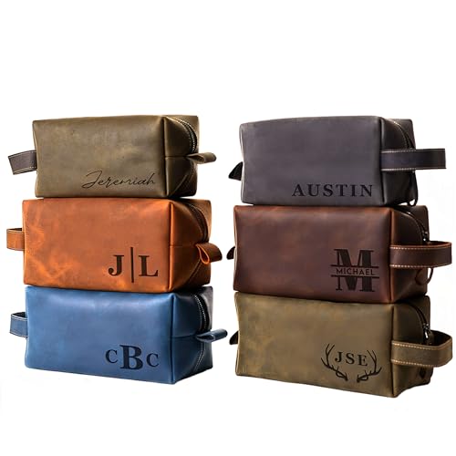 OXA Personalized Leather Toiletry Bag for Men – Engraved Shaving Dopp Kit – Handmade Gift for Dad, Husband, Grandpa, Boyfriend – Travel Organizer for Birthday, Anniversary, Father’s Day