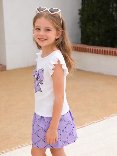 Image of Azmxynol Toddler Girls Clothes Cap Sleeve T-Shirt + Bowknot Print 2pcs Summer Shorts Outfit Set For Girls, Size 4-8 Years