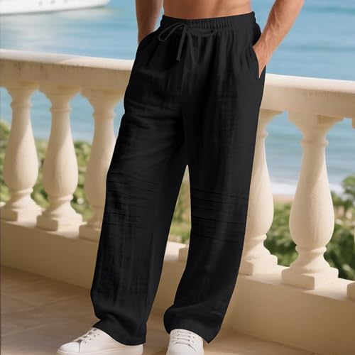 Hawyet Mens Linen Pants Casual Summer Boho Beach Pants Elastic Waist Drawstring Lightweight Vacation Trousers with Pockets2