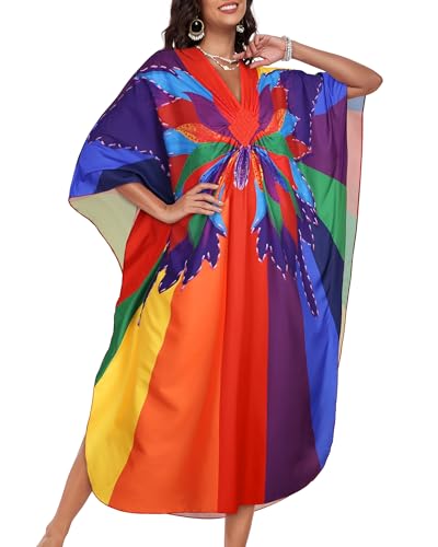 Image of Kaftan Dresses for Women V Neck Caftans Batwing Sleeve Beach Cover Ups | JILUVIN Plus Size Long Floral Print Dress, Loose Fit Maxi Casual Moomoo, Lounge House Mumu Nightgown Summer Vocation 2026