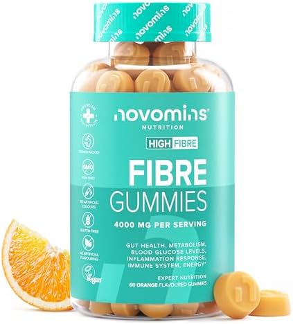 Gommose di fibre – 4000 mg ad alto contenuto di fibre – integratore di fibre con calcio per la normale funzione digestiva – con vitamina D, vitamina B12, cromo e inulina – 60 gommose – Novomins Generico - integratore