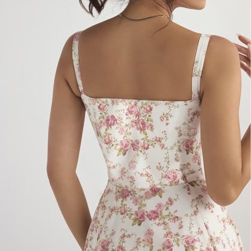 Image of Floral Corset Midi Dress Square Neck A Line Dress with Slit | Square neck floral midi dress with front tie bust wide straps A-line skirt side slit and lightweight fabric