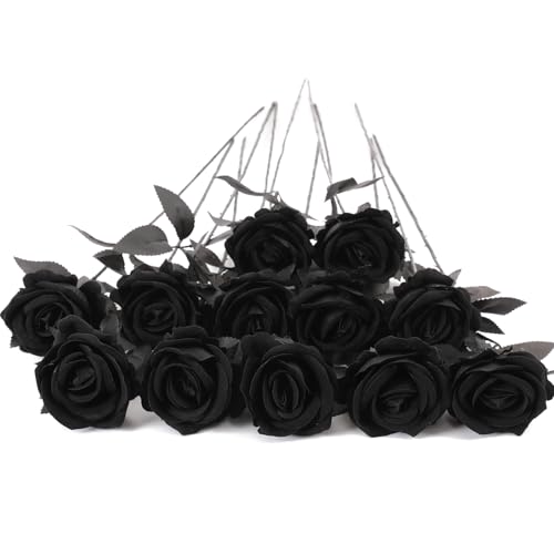 Cloudecor 12Pcs Black Roses Artificial Flowers Fake Roses Faux Velvet Silk Flower for Home Wedding Decoration (Pearl Rose - Pure Black)