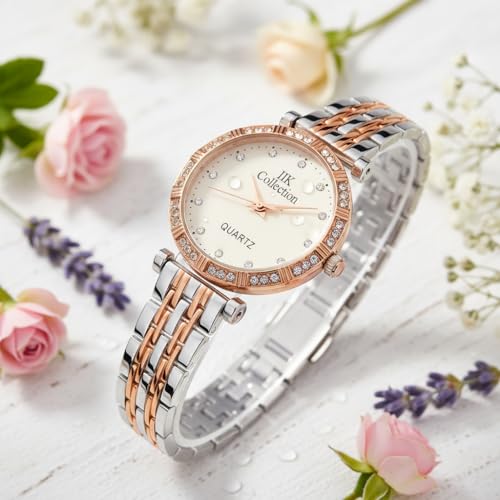 Image of IIK COLLECTION Watches for Women Round Studded Dial |Analogue Quartz Movemnet Ladies Watch|Long Battery Life|Stainless Steel Adjustable Bracelet Chain Strap|Double Lock Clasp Safety Watches for Girls