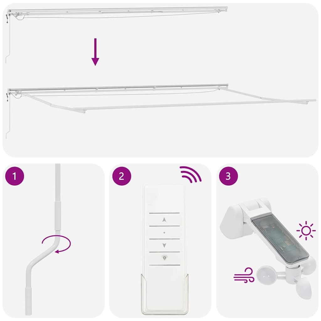 Rama markizy z listwami świetlnymi LED, biała, aluminiowa, 600 x 300 cm, zwijana, na taras, balkon, do ogrodu, z pilotem zdalnego sterowania, ochrona przed słońcem i deszczem, do użytku na