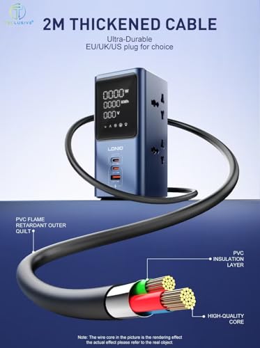 Image of T Teclusive Gan Tower Power Strip Extension Board with 45W Type C USB Display | 4 Sockets with 45W Gan QC PD Super Fast Charging | Vertical Multi Port Extension with LED Screen | 2M Cord | 2 Pin