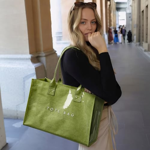 Image of KALIDI PVC Tote Bag Women's Kraft Paper Work Handbags Purses with Top Handle