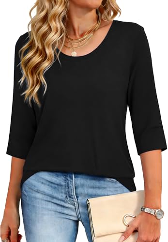 Crewhpo Camiseta Manga 3/4 Mujer Cuello Redondo Básica Top Elegante Túnica Blusas Color Sólido Verano Casual Camisetas Holgada y Cómoda