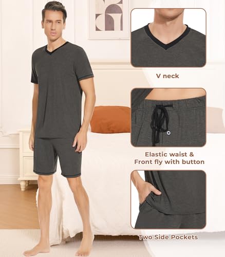 Image of NACHILA Pajamas for Men Pj Short Sleeve Sleepwear with Shorts V Neck Loungewear Cool Pajama,Viscose Made from Bamboo