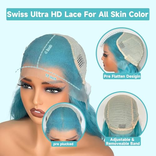 Image of 200% Density Lake BlueLace Front Wig Human Hair Body Wave13x4 UHD Transparent Lace Human HairWigs for Women Pre Plucked Pre LaceFrontal Wig Virgin Brazilian Hair 20inch