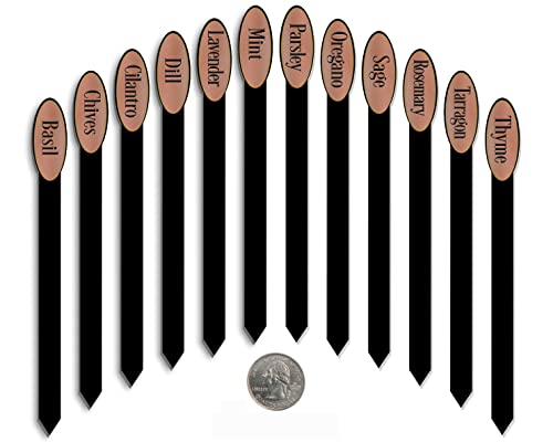 Herb Garden Plant Markers Laser Etched Metallic Oval Stick Style 12/Set 08in Brushed Copper
