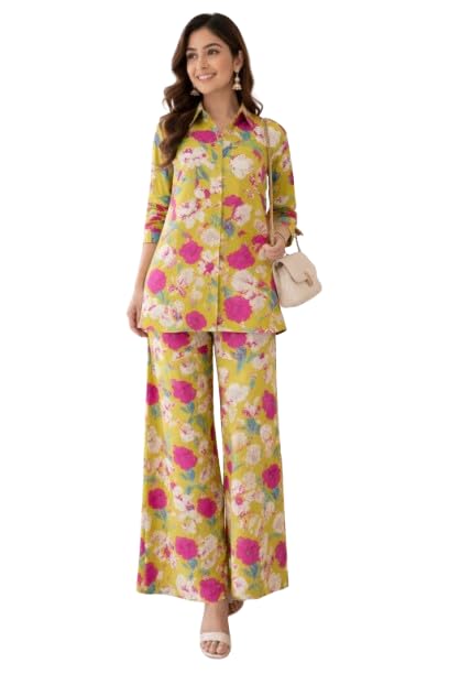 Women's Floral Printed Co-Ord Set, Yellow, Cotton Blend, Shirt Top with Palazzo Pants, Casual Summer Wear, for Office, Travel and Daily Wear-image-46