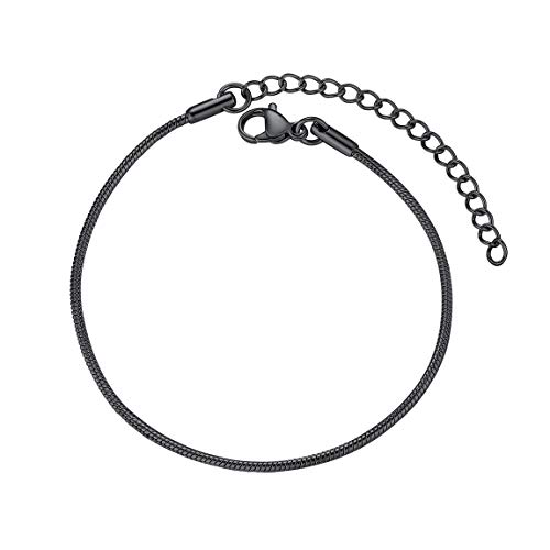 Bracelet Fantaisie Noir-Chaîne de Cheville Acier Inoxydable-Maille Serpent Fine 1.5mm-Ajustable Réglable 16 à 21 cm-Chaînes de Cheville Pied Brillant pour la Plage-Bijoux Accessoires Cover