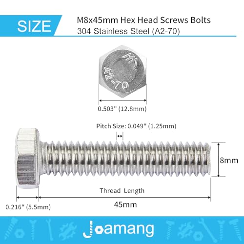 Image of M8 x 45mm 10Pcs Hex Head Bolts, M8 x 1.25 Bolts, Hexagon Head Screws, 304 Stainless Steel(A2-70), Metric Fully Thread, Bright Finish