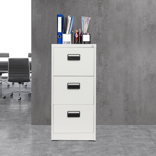 Abschließbarer Aktenschrank aus Metall mit 3 Kalbs-Design, mit Schlüssel, Büro, geräumig, oben, sicher, 46 x 62 x 103,1 cm, Weiß