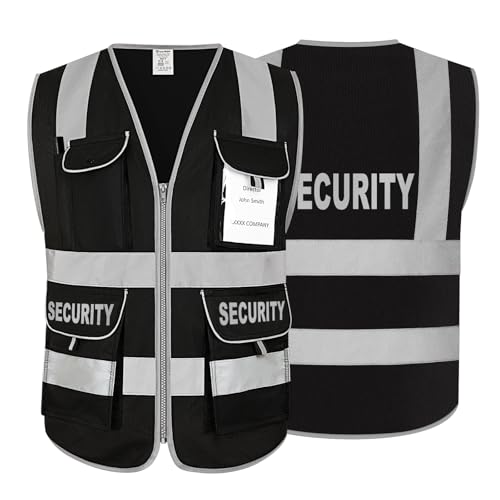 Uno Mejor Black Security Vest for Security Guard 8 Pockets High Visibility Reflective Safety Vest for Men Women, Hi Vis Work Vest with Reflective Strips, Meets ANSI, UG100S-Black Large
