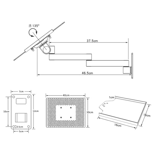 Soporte de pared para portátil con brazo ajustable y bandeja para mouse, plataforma de refrigeración ventilada, bandeja de movimiento completo, capacidad de peso de 8 kg para estaciones de trabajo de
