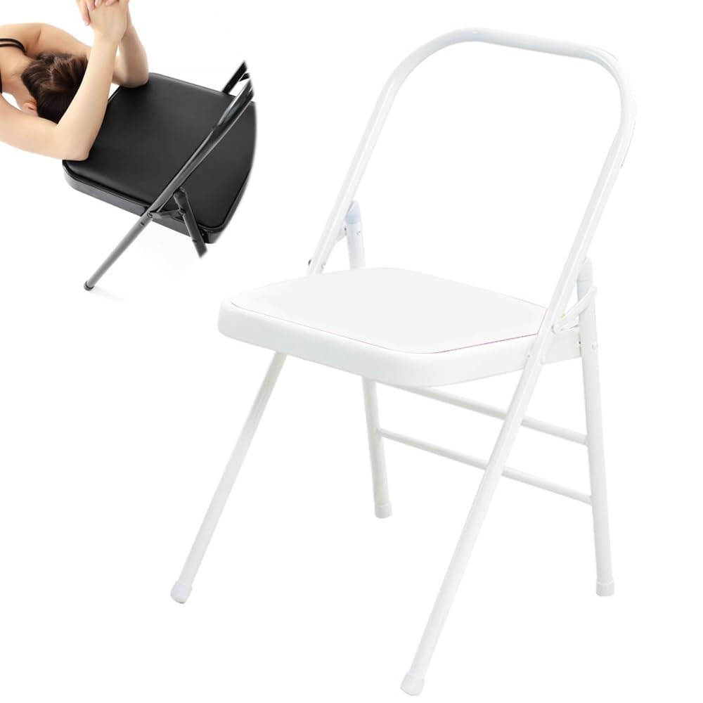 Silla Plegable Yoga Pilates, Silla Auxiliar Iyengar, Metal con Respaldo de Calidad Cuero PU (White)