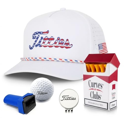Image of Curves & Clubs Titties Golf Hat - Funny Golf Hat, Titties Hat - Funny American Hat - Men's Gifts (Cotton, White-Black)