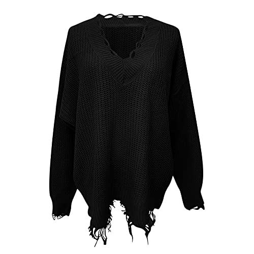 Heevina Sweaters for Women Off Shoulder V Neck Knitted Knit Ripped Loose Long Sleeve Base Winter Fall Jumpers Sweater2