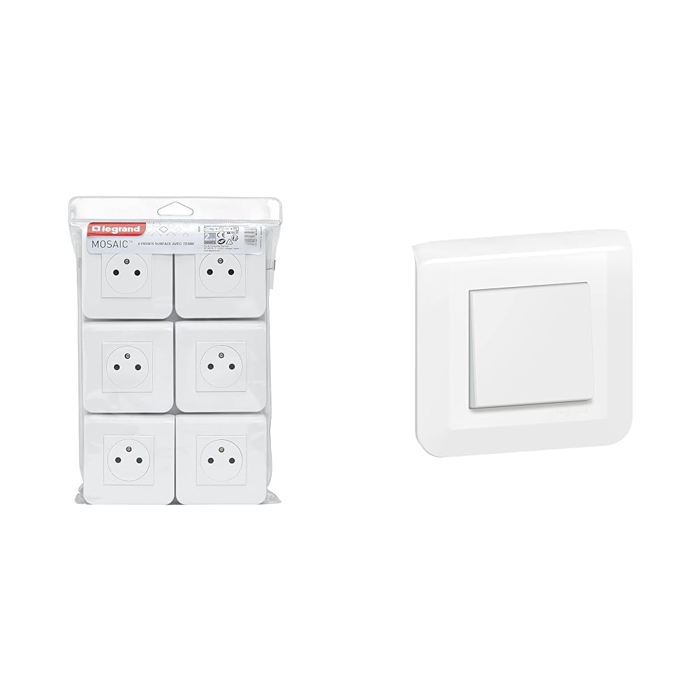 LEGRAND - Prise Electrique Murale avec Terre Mosaic Surface - Prise 2P+T + Plaque de Finition & Interrupteur ou va-et-vient Mosaic 10A blanc complet avec plaque et fixation à vis
