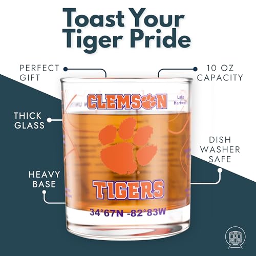 Image of Greenline Goods - University of Clemson Tigers College Whiskey Glasses (Set of 2), 10 oz - Full-Color Logo + Campus Map