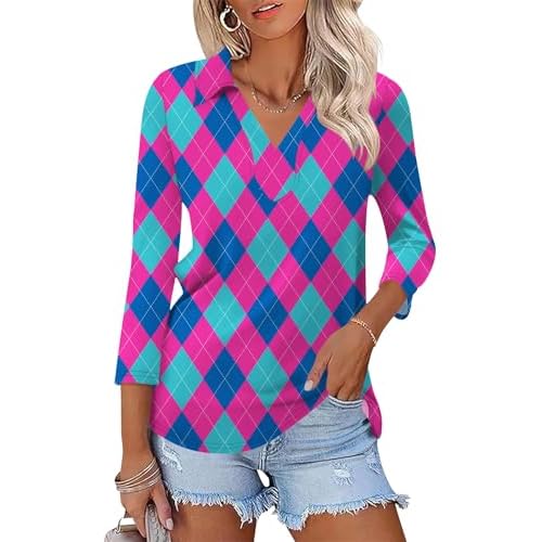 LOMON 3/4 Length Sleeve Womens Tops 2026 Spring Summer Collared Polo Shirts V Neck Casual Basic Polos Tees Shirt Diamond-01 3X-Large