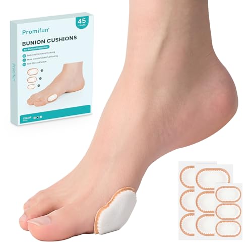 Promifun Almohadillas de espuma para juanetes para llevar con zapatos, cojín de juanete de 45 quilates, pies de protección Moleskin para hombres y mujeres, centro no pegajoso (tamaño múltiple)