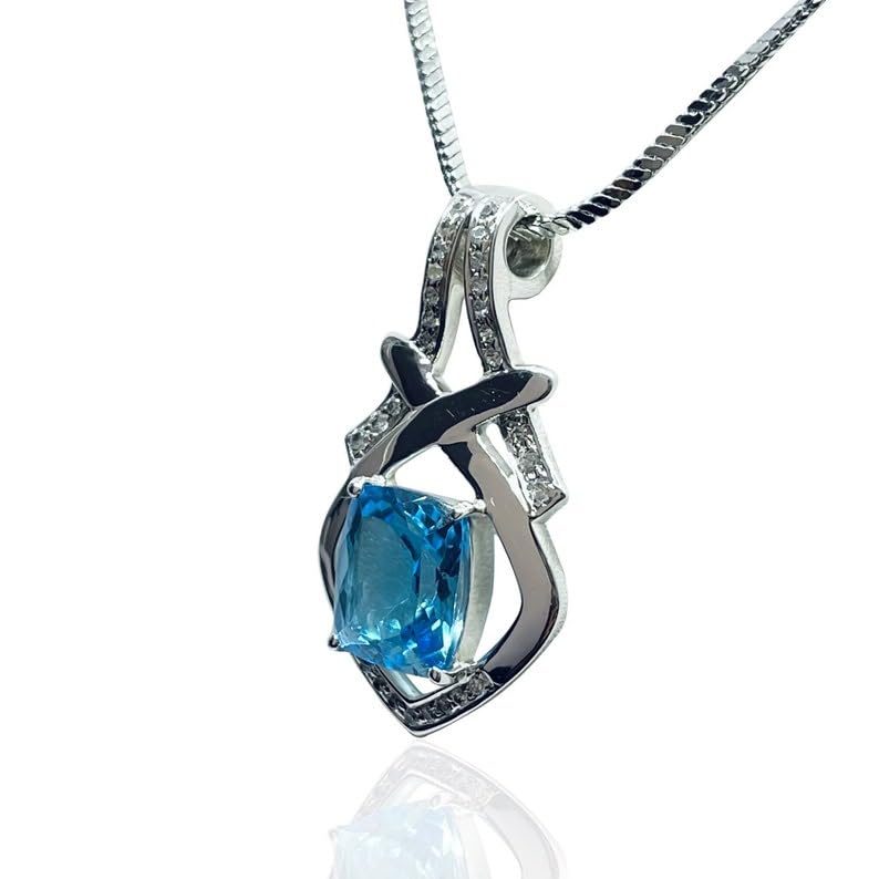 Collier trillon argent topaze naturelle zircone pendentif bleu 45 cm