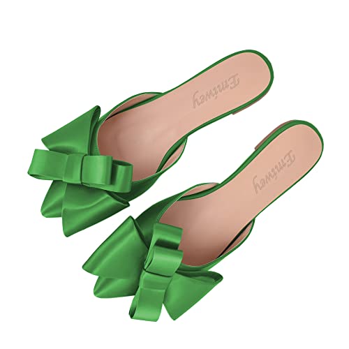Emiwey Pointed Toe Bow-Knot Flat Backless Slip On Slide Mules For Women Green 9 M Us #TOP2