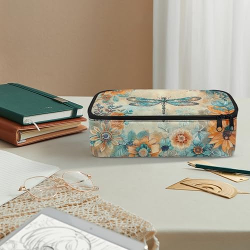 Image of Dragonfly Flower Girls Pencil Case for Women Aesthetic Pencil Pouch Large Storage,Pencil Container for Elementary Kids Children Pencil Bag for Boys Adults Men Box Pencil Handbag