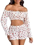 Avidlove Lingerie Sets for Women Sexy Long Sleeve Off Shoulder Ruffle Bra and Panty Set Strawberry Print Small