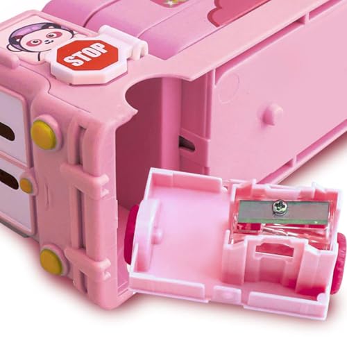 Image of Storio Bus Shape Pencil Box School Bus Metal Geometry Box for Kids Magic Bus with Moving Tyres with 3 Compartments Moving Tyre's & Sharpener Geometry Case for Boys & Girls - Unicorn, Multicolor