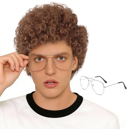 Guree Hair Brown Curly Wig with Glasses for Mens Costume Brown Afro Curly Wig 70s 80s Funny Wigs for Retro Halloween Cosplay Party Use