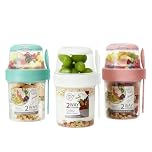 Doumix 3Pcs Overnight Oats Container, 2-Tier 870ML Leak Proof Cerea Yogurt Pots with Spoon, Reusable Breakfast Pots, Meal Prep Jars, Overnight Oats to go Container for Salads, Yruit, yogurt