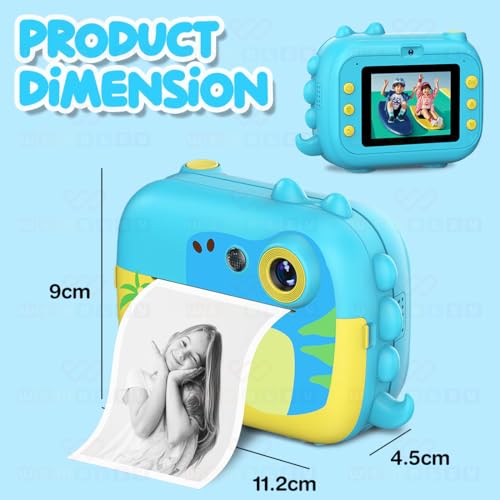 Image of Wembley 8MP Instant Print Digital Camera for Kids 3 4 5 6, Years Dino Design with Print Paper Rolls 4GB SD Card Shoulder Strap | Video Recorder Games Photo Filters Effects | Perfect for Birthday Gift