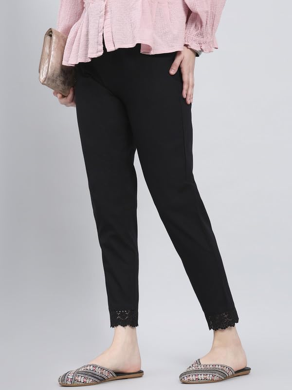 Image of GO COLORS Soft Cotton Lace Pencil Pant Full Length for Women| Mid-Rise, Breathable